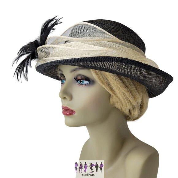 Black and Cream Dress Hat Sinamay Church Hat Adjustable Hat Kentucky Derby Hat - Picture 3 of 16